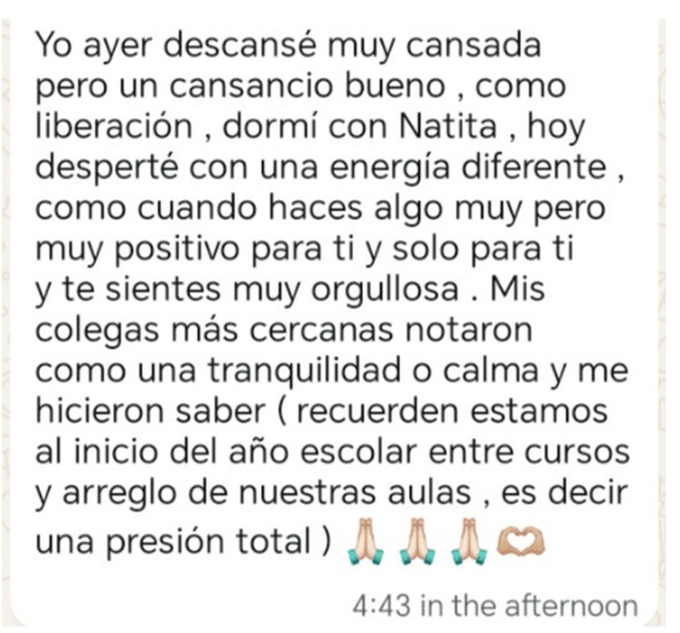Mensaje de una participante: sus colegas notaron su calma después del proceso