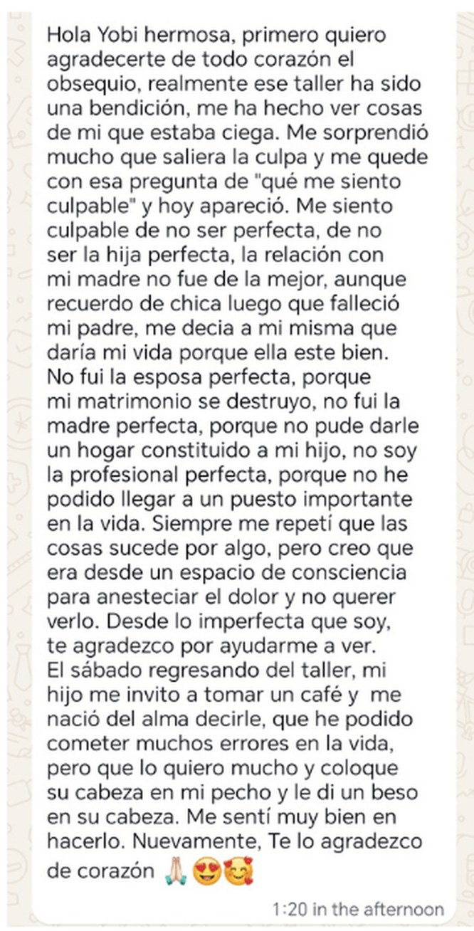 Mensaje de una participante contando lo que vio sobre su culpa, su madre y su hijo después del taller
