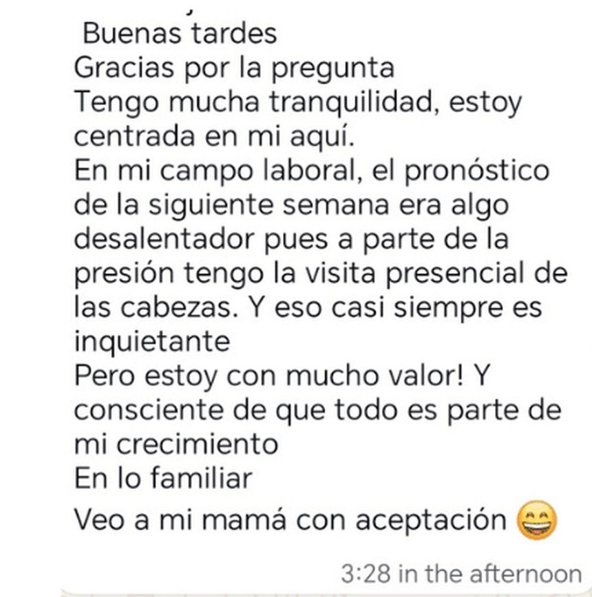 Mensaje de una participante: tranquilidad en lo laboral y aceptación hacia su mamá